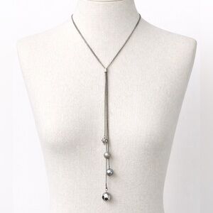 Lia Sophia Silver Y Lariat Necklace Adjustable Modern Statement Crystals & Pearl
